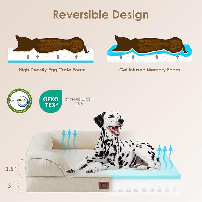 EHEYCIGA Orthopedic Dog Beds for Extra Large Dogs, Waterproof Memory Foam XXL Dog Bed with Sides, Non-Slip Bottom and Egg-Crate Foam Big Pet Couch Bed with Washable Removable Cover, Beige