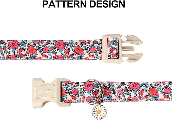 Lionet Paws Floral Dog Collar- Cute Red Pink Flower Dog Collars with Plastic Buckle, Light Adjustable Dog Collars for Small Medium Dogs