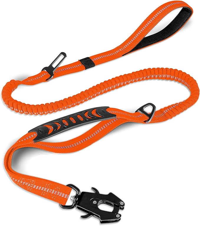 Joytale Tactical Dog Leash Heavy Duty, 4-6FT Shock Absorbing Bungee Lead with 2 Padded Handle, Metal Carabiner Clip, Car Seatbelt, Strong No Pull Leash for Medium Large X-Large Dogs, Orange