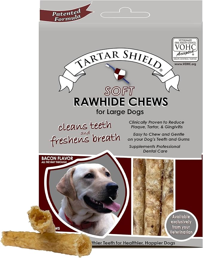 Tartar Shield Soft Rawhide Chews | Safe Dental Treats for Large Dogs | Vet VOHC Approved | Daily Bone Cleans Teeth & Gums Fresh Breath Oral Health Support | USA Made | (Large Dogs / 8 Count)