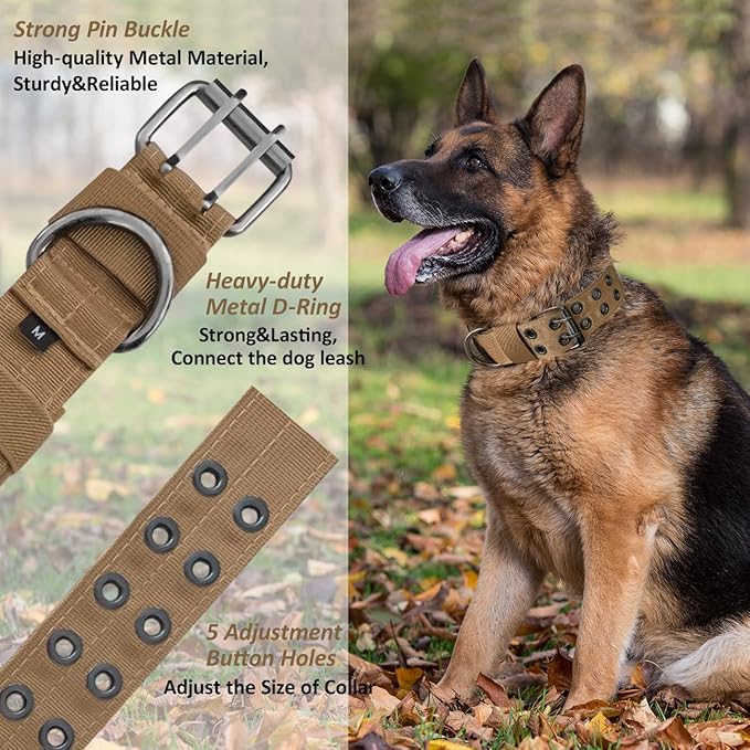 Tactical Dog Collar Military Adjustable Dog Collars Soft Nylon K9 Training Collar with Patch Heavy Duty Metal Buckle Collars for Medium Large Dogs (Brown, L)