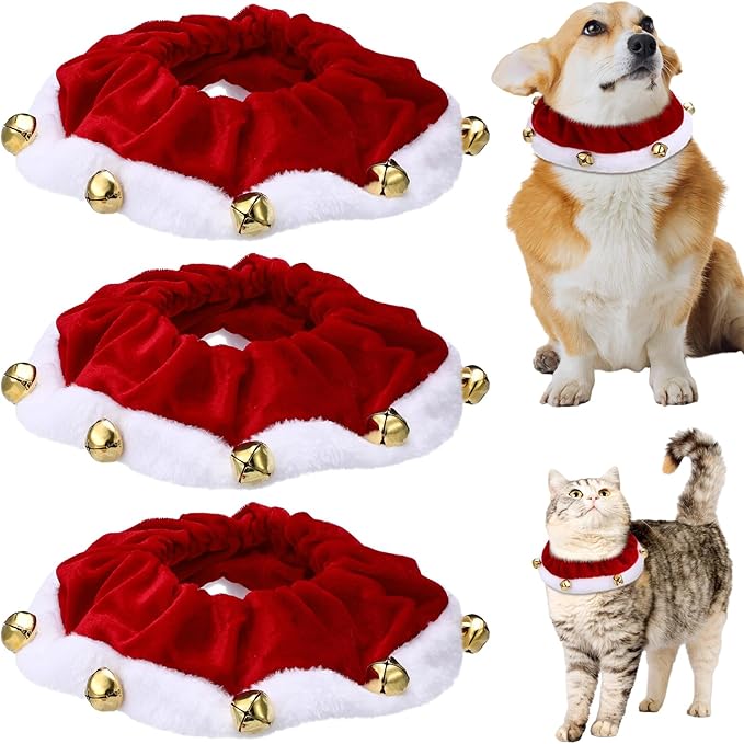 3 Pcs Christmas Jingle Bell Dog/Cat Collars Buckle Festive Christmas/Holiday Plush Neckwear for Xmas Dog Cat Outfit Pet Stretchable Scrunchy Costume Accessory Soft Collar with Bell(Medium)