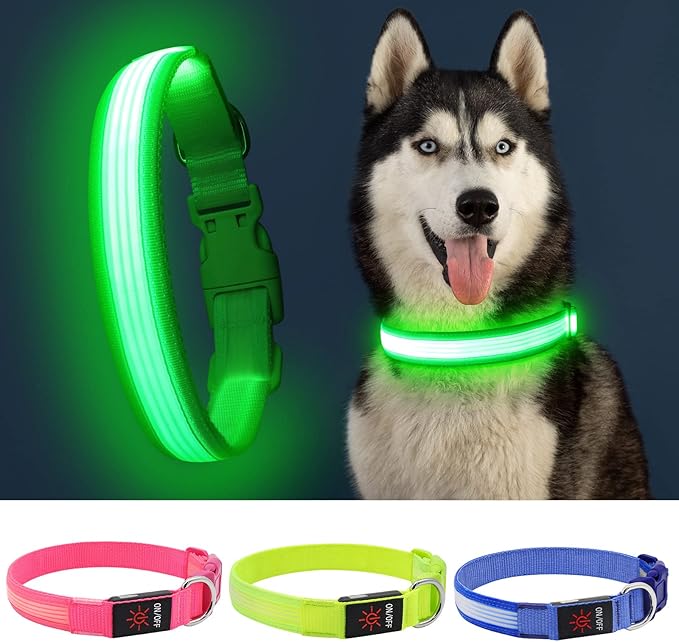 YFbrite Light up Dog Collar, USB Rechargeable LED Puppy Collar Super Bright Adjustable Glowing Dog Lights for Night Walking (Design 2-Green, Large)
