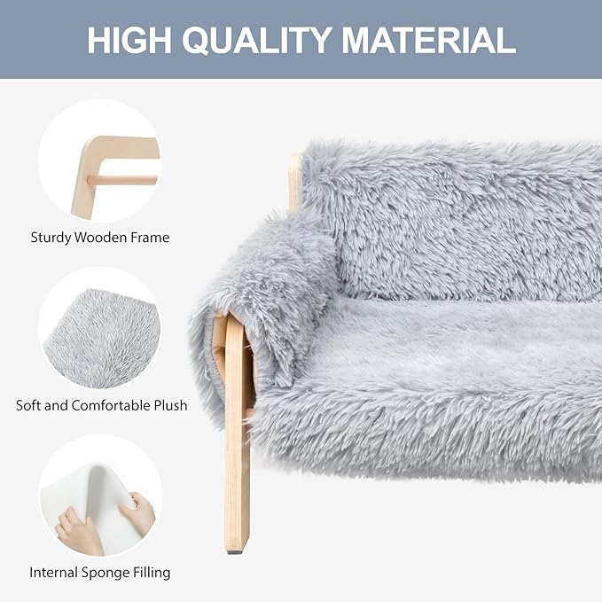 MEWOOFUN Cat Couch Bed, Pet Sofa for Indoor Cats Wooden Indoor Elevated Cat Beds with Removable Mattress Cover Suitable for Kitty, Puppy or Small Animal (Grey, Large)