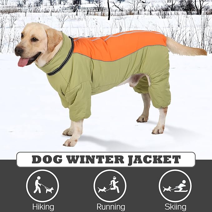 Toasty Warm 4-Legged Dog Snowsuit with Leash Ring, Reflective Zip Up Dog Winter Coat, Windproof Fleece Lining Dog Jumpsuit Jacket, LightGreen,12