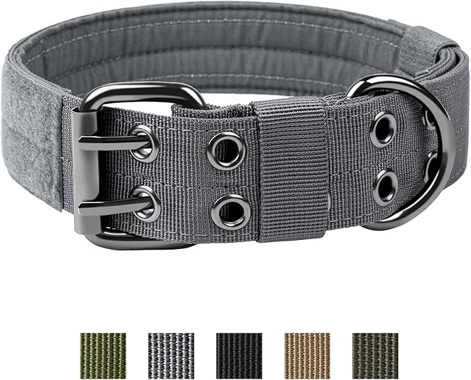 OneTigris Military Adjustable Dog Collar with Metal D Ring & Buckle 2 Sizes (L, Grey)