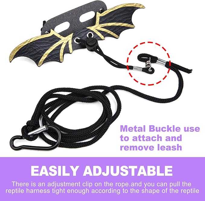 3-Size Reptile Harness & Leash Set for Bearded Dragons, Soft Leather Wing Design (Black), Detachable & Adjustable