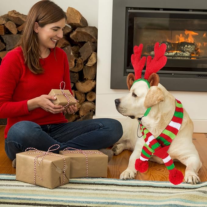 BWOGUE Dog Christmas Reindeer Elk Antlers Headband and Red-White-Green Striped Scarf Set Pet Christmas Costume Dog Costumes Accessories for Dogs and Cats