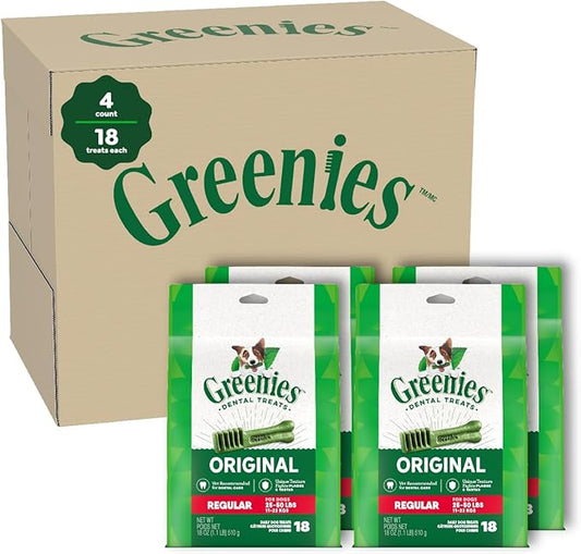 Greenies Original Regular Dental Dog Treats, (4) 18 ct Packs (72 Treats Total)