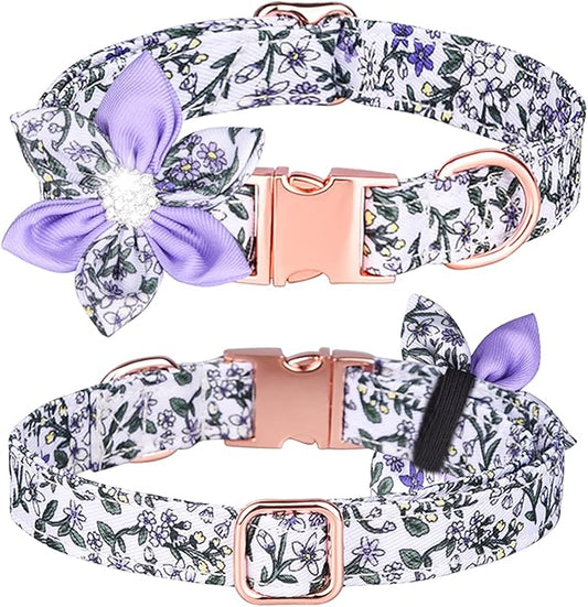 Floral Pattern Puppy Collar - Cute Dog Collar with Detachable Rhinestone Flower for Female Dogs (L, Purple/White)