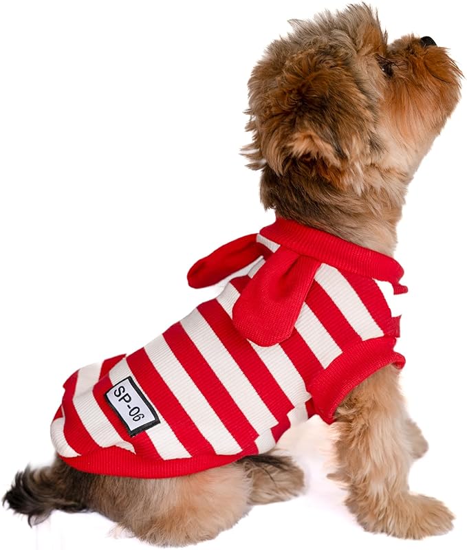 Soft Cotton Striped Shirt,Small Dog Christmas Bunny Costumes Rabbit Clothes for Easter Day Halloween for Small Dogs Teacup Dog Chihuahua Yorkie Boy or Girl-Red and White Stripes XXS