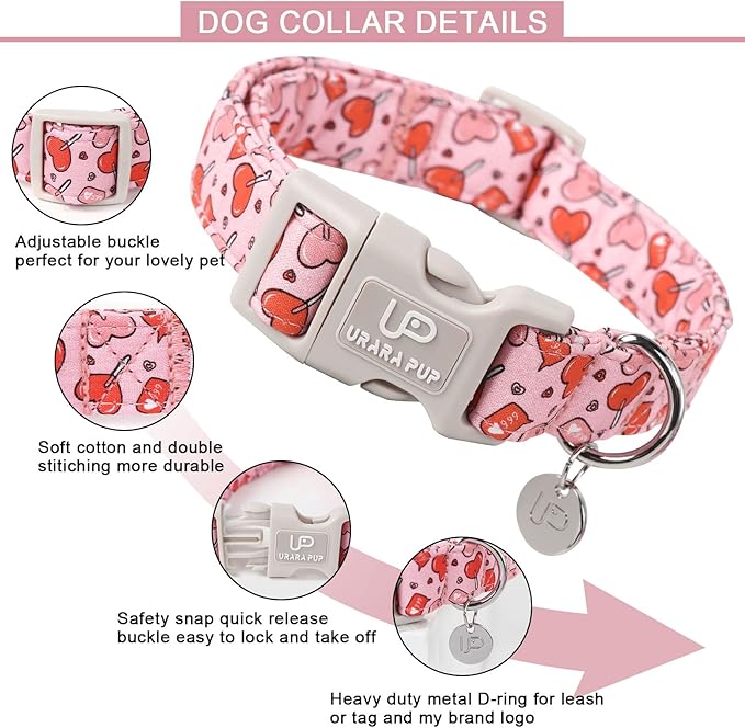 Valentine’s Dog Collar, Pink Heart Dog Collar with Quick Release, Valentine’s Gift Pet Collar for Puppy Girl Boy Dog, Wedding Dog Collar