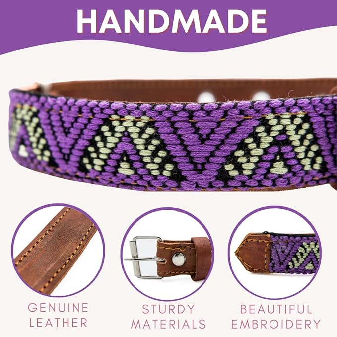 Western Dog Collar – Leather Embroidered Design for Small Medium Large Dogs & Puppy Pets - Aztec & Southwest for Boy and Girl Female & Male Dogs - Collar para Perros Beaded (Small, Amethyst)