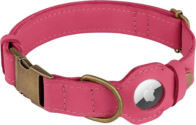 AirTag Dog Collar - Genuine Leather Dog Collar with Apple AirTag Holder and Metal Buckle - Smart GPS Tracking Pet Collars for Small Medium Large Dogs Puppy (Pink, L, 17"-21" Neck Fit)
