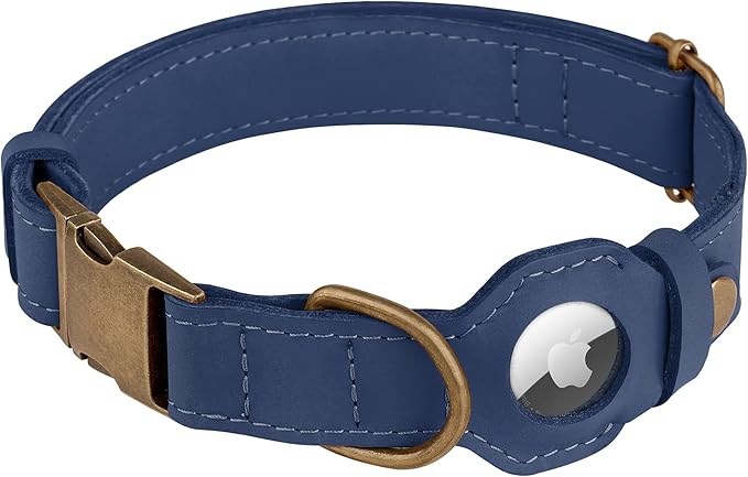AirTag Dog Collar - Genuine Leather Dog Collar with Apple AirTag Holder and Metal Buckle - Smart GPS Tracking Pet Collars for Small Medium Large Dogs Puppy (Smoky Blue, XS, 9"-12" Neck Fit)
