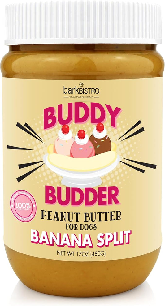 BUDDY BUDDER Banana Split, 100% Natural Peanut Butter, Healthy Dog Treats, Stuff in Toy, Pill Pocket, Made in USA, 17 oz Jars