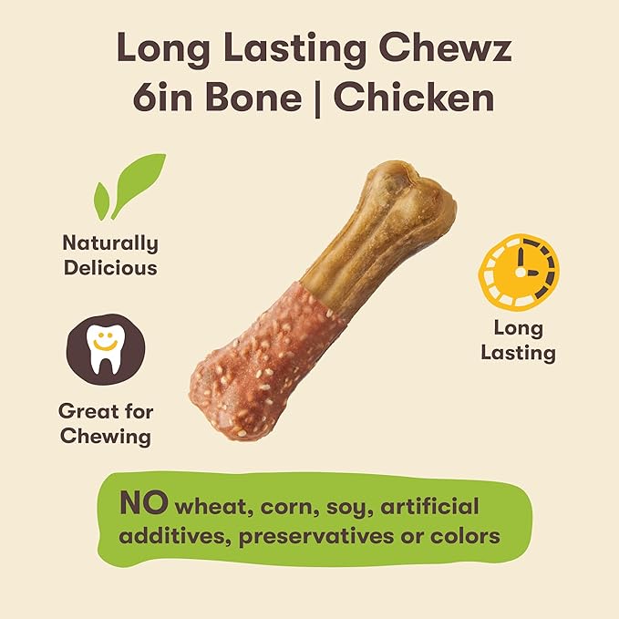 Pet 'n Shape Long Lasting Chewz Dog Treats - Chicken Wrapped Rawhide - 1 Bone, 6-Inch Long