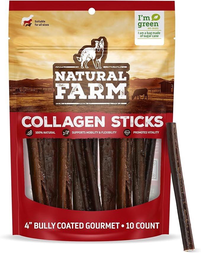 Natural Farm Bully Coated Gourmet Collagen Sticks (4 Inch, 10 Pack), Real Bully Beef Coated, 95% Natural Collagen Dog Chews, Supports Healthy Joints, Skin & Coat - Best for Small & Medium Dogs