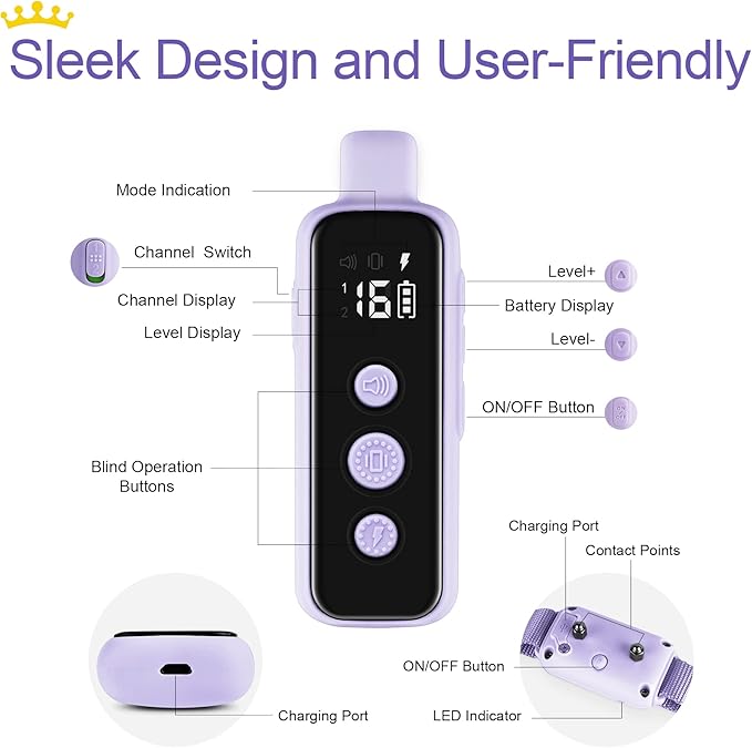 Bousnic Shock Collar for Dogs - Waterproof Rechargeable Dog Electric Training Collar with Remote for Small Medium Large Dogs with Beep, Vibration, Safe Shock Modes (8-120 Lbs) (Purple)