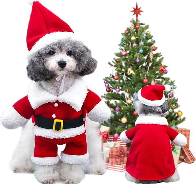 QETRABONE Small Dog Cat Christmas Santa Claus Costume - Red Santa Hat Scarf Cosplay Dressing Up Xmas Party New Year Clothing Accessories (Large)