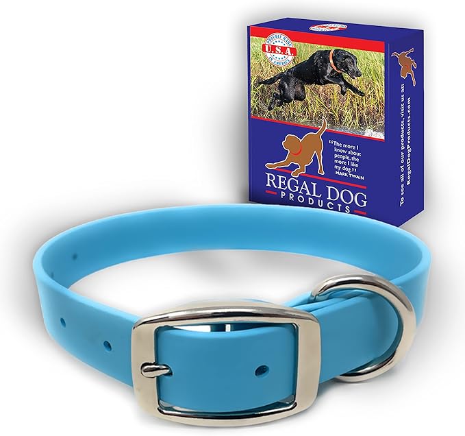 Regal Dog Products Small Light Blue Dog Collar with Heavy Duty Double Buckle & D Ring | Vinyl Coated, Custom Fit, Adjustable Biothane Dog Collar Chew Resistant Waterproof Collar for Dogs
