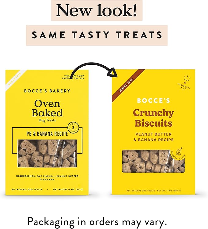 Bocce's Bakery Oven Baked PB & Banana Recipe Treats for Dogs, Wheat-Free Dog Treats, Made with Real Ingredients, Baked in The USA, All-Natural Peanut Butter & Banana Biscuits, 14 oz