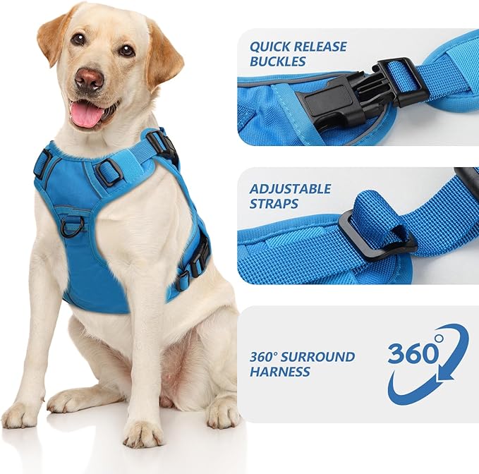 WINGOIN Blue Tactical Dog Harness for Large Dogs No Pull Adjustable Pet Harness with Handle Reflective K9 Military Service Dog Vest for Walking Hiking Training (L)