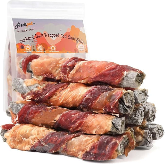 ASMPET Dog Treats, Chicken&Duck Wrapped Cod Skin Rich in Omega 3 Rawhide-Free Grain-Free High Protein Low Fat Healthy Dog Chews for Small Medium Large Breeds 10.6 oz