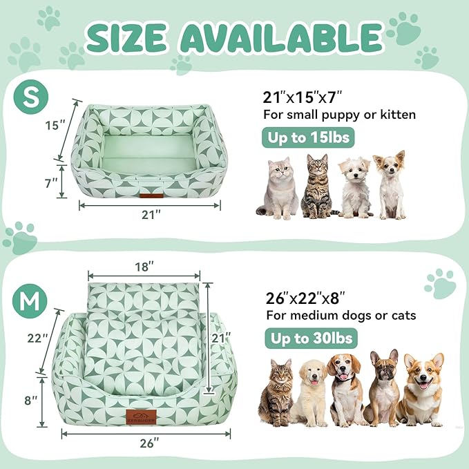 Rectangle Cat Dog Bed for Large Medium Small Pets Indoor Outdoor Machine Washable Sleeping Sofa Non-Slip Bottom Soft Puppy Bed Durable Orthopedic Calming Pet Cuddler (Small, Green Pattern)