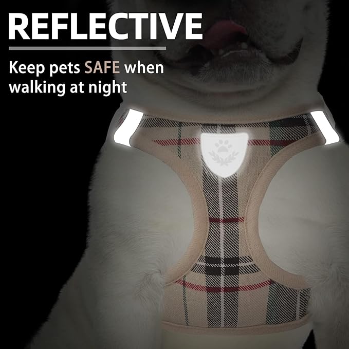 PUPTECK Adjustable Dog Harness Collar and Leash Set Step in No Pull Pet Harness for Small Medium Dogs Puppy and Cats Outdoor Walking Running, Soft Mesh Padded Reflective Vest Harnesses, Beige XL