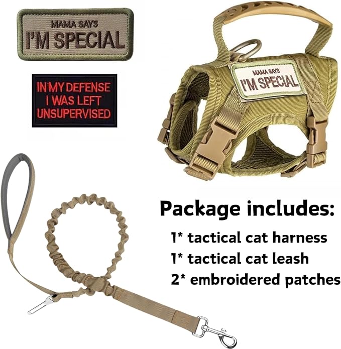 Tactical Cat Harness and Leash Set for Walking Escape Proof Adjustable Large Cat Vest Harness with Patches Soft Mesh Padding Rubber Handle Easy to Control (Khaki Harness & Leash)