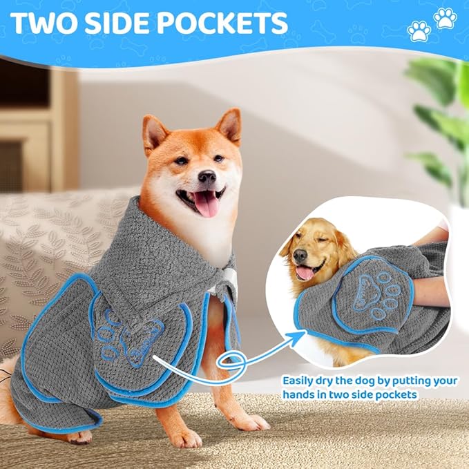 SlowTon Dog Bathrobe Towel - Super Absorbent Microfiber Pet Quick Drying Towel, Wearable Soft Bath Robes for After Bath Shower Swim Wet Walk, Adjustable for Small Middle Large Dogs (Grey, M)