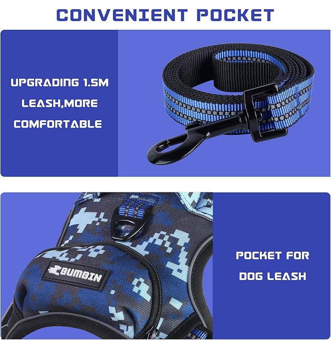 BUMBIN Dog Harness for Large Dogs, No Pull Adjustable No Choke Pet Vest with Dog Leash Fit Smart Reflective Pet Walking Harness for Training Easy Control Soft Handle Blue Camo S