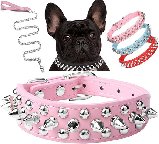 Spiked Dog Collar Soft Pu Leather Mushrooms Rivet Spike Studded Puppy Adjustable Pet Collars for Small Breeds (L, Pink Set)