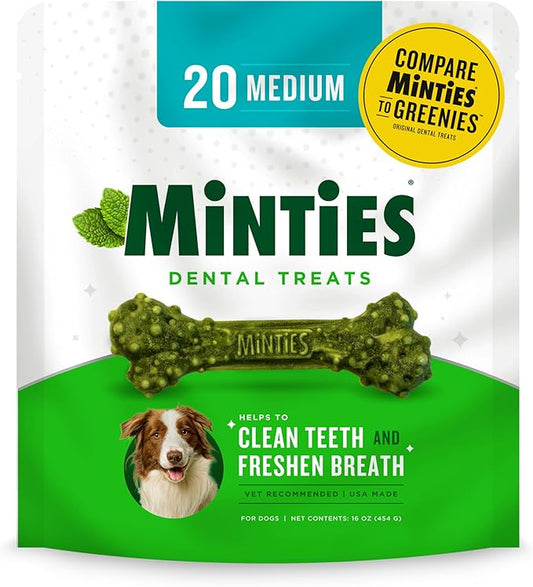 Minties Dental Chews for Dogs, 20 Count, Vet-Recommended Mint-Flavored Treats for Medium Dogs 25-50 lbs, Dental Bones Clean Teeth, Fight Bad Breath, and Removes Plaque and Tartar