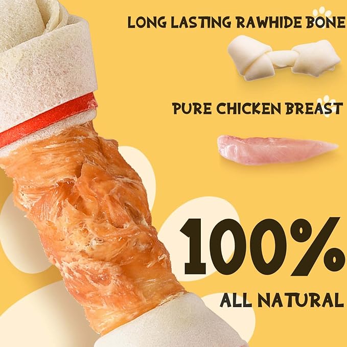 ASMPET Dog Chews Long Lasting, 6.5" Knotted Dog Bones Human Grade Natural Chicken Wrapped Rawhide Bones Teeth Cleaning for Small Medium Large Breeds (Packs of 4)