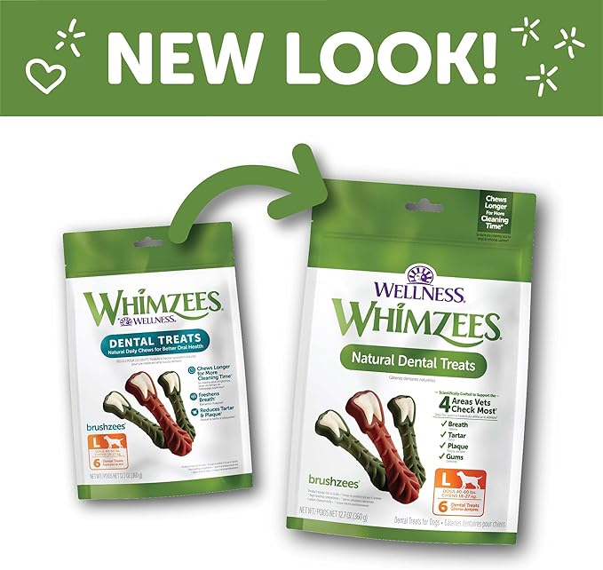 Whimzees Wellness Brushzees Dog Dental Treats, Natural Chews, Large Size Stick, (6 Count)