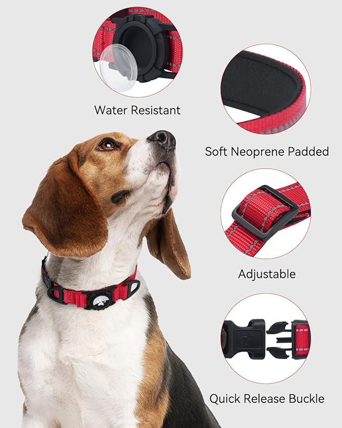 Joytale Airtag Dog Collar, Dual D-Rings, Reflective Pet Collar with Waterproof AirTag Holder, Soft Padded Adjustable for Large Dogs, Red, L