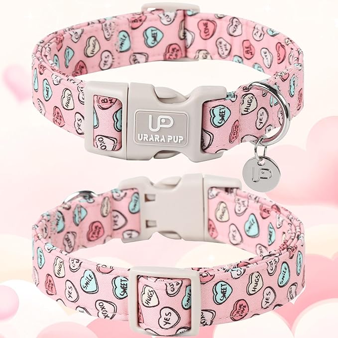 Pink Heart Dog Collar, Valentine's Gift for Puppy, Small to Extra Large Dogs, Cotton, Unique Craftsmanship Design, Breathable, Comfortable