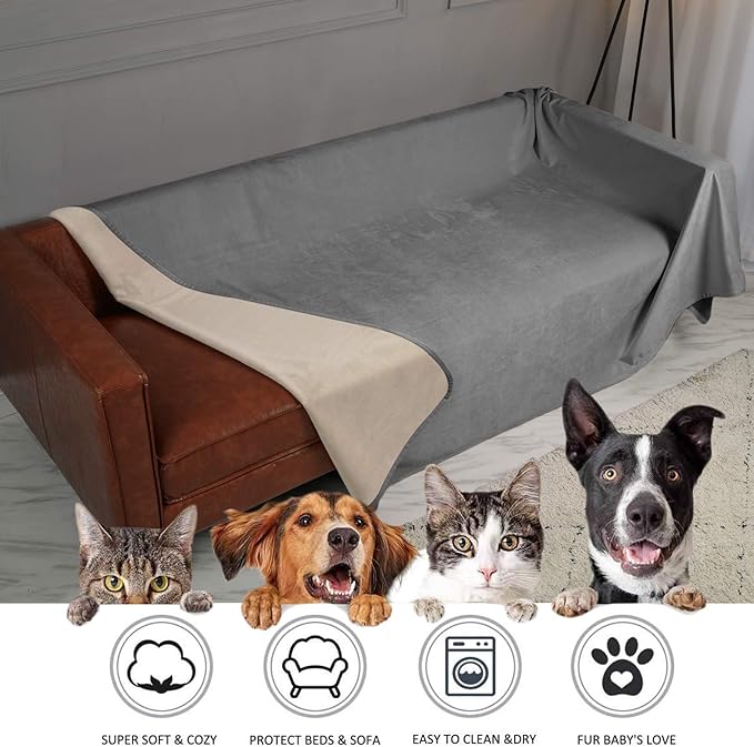 Ameritex Pet Bed Blanket Reversible 100% Waterproof Velvet Super Soft for Sofa and Bed (68x82 Inches, Light Grey+Beige)