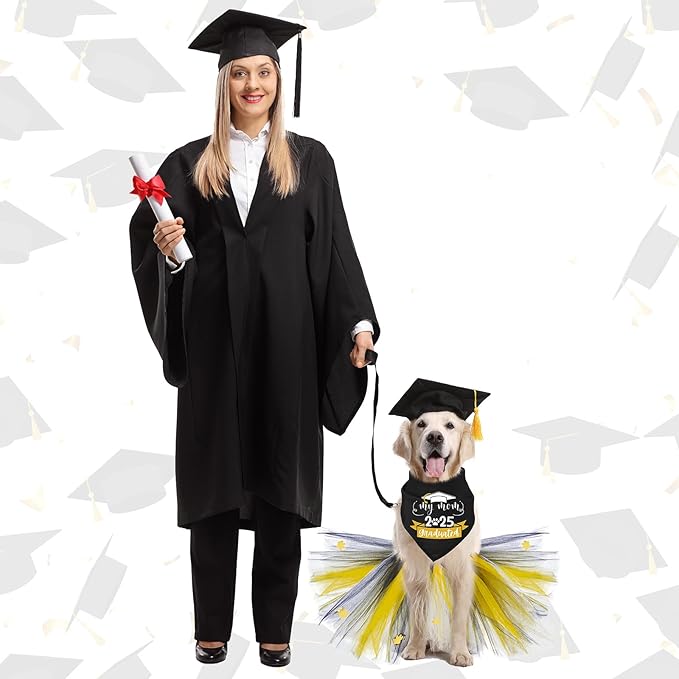 Suhine 6 Pcs Graduation Dog Cap and Gown Costume Accessories Including Class of 2025 Pet Graduation Bandana Tulle Tutu and Dog Caps with Yellow Tassel for Pet Holiday Costume Supplies