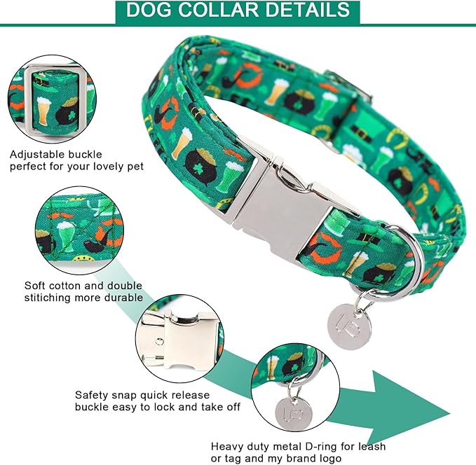 St. Patrick's Dog Collar, Cotton St. Patricks Clover Collar for Puppy Girl Boy Dog or Cat, Lucky Shamrock Dog Collar with Metal Buckle, Green, Spring, L