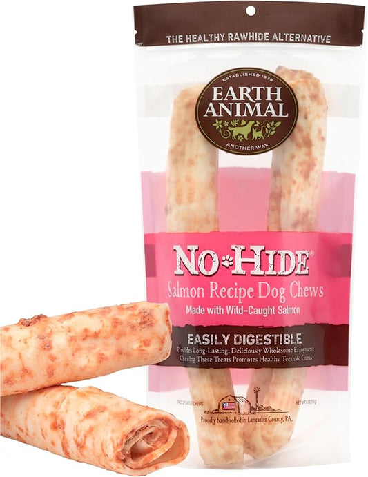 Earth Animal No Hide Large Salmon Flavored Natural Rawhide Free Dog Chews Long Lasting Chew Sticks | Dog Treats for Large Dogs | Great Dog Chews for Aggressive Chewers (1 Pack)