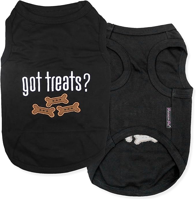 Parisian Pet Dog Tshirt - Embroidered “ Got Treats? “ Tank Top - 100% Cotton and Lightweight Dog Clothes - Sleeveless Black Tee Shirts - Machine Washable Shirt for Small Dogs - Pet Vest - XXS