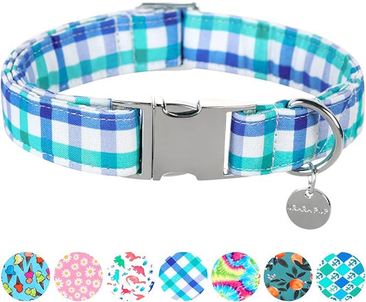 Blue Plaid Summer Cotton Dog Collar with Metal Buckle Gift Collar for Small Medium Large Girls or Boys Dogs Cute Durable Comfortable Pet Collars