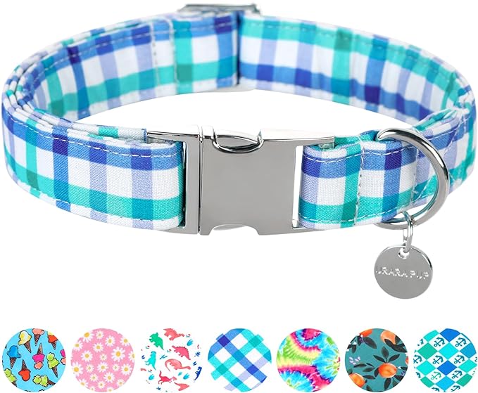 Blue Plaid Summer Cotton Dog Collar with Metal Buckle Gift Collar for Small Medium Large Girls or Boys Dogs Cute Durable Comfortable Pet Collars