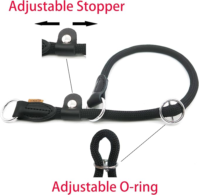 Braided Round Martingale Dog Collar, Training Collar with Slidable Stop Ring and Adjustable Stopper - Ideal for Large Dogs (L(1/2") - 20" Long, Black)