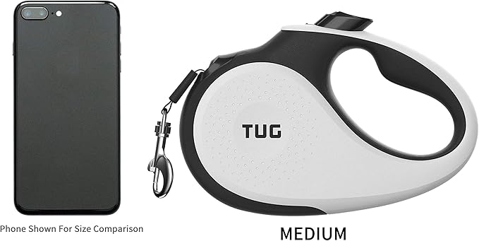 TUG 360° Tangle-Free Retractable Dog Leash | 16 ft Strong Nylon Tape | One-Handed Brake, Pause, Lock (Medium, White)