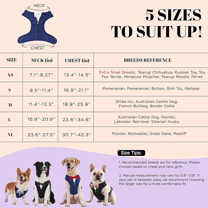 Dog Tuxedo for Wedding Outfit, Dog Suit and Tie Costumes for Birthday, Halloween, Cosplay, Christmas Party, Pet Formal Wear with Bowtie, Tux for Medium Large Dogs, Bulldog, Labrador, Husky