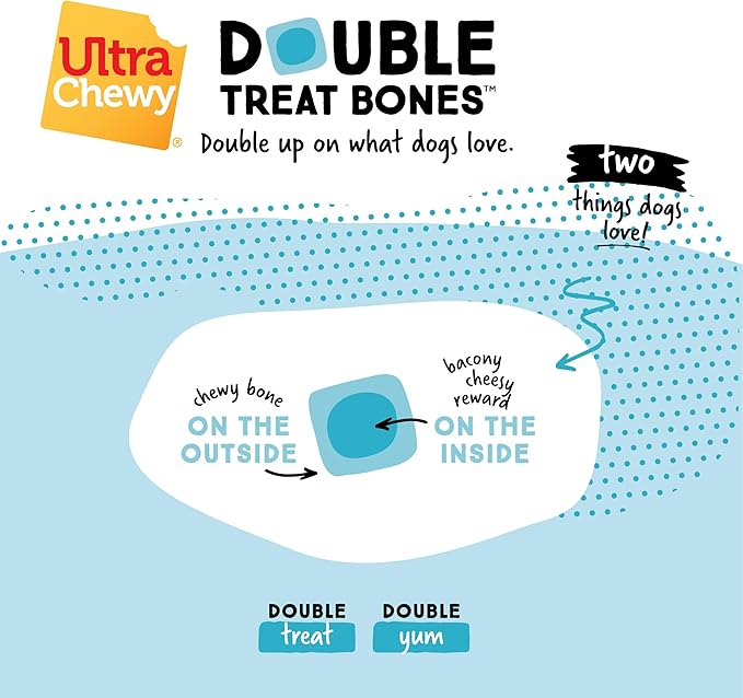 Ultra Chewy Double Treat Bones: Long-Lasting Dog Treats Made in USA for Large and Small Breeds, Highly Digestible, Ideal for Aggressive Chewers (Bacon & Cheese, 2 Value Packs)